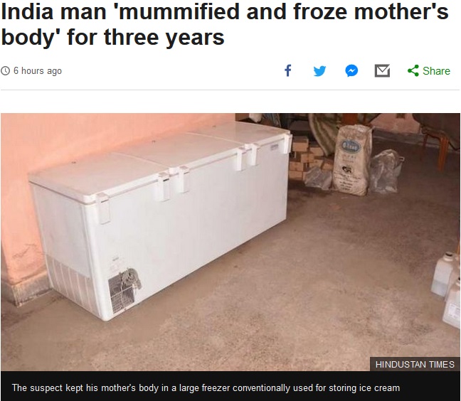 死亡した80代母親を冷凍庫に保管し続けた息子が逮捕（画像は『BBC News　2018年4月6日付「India man ‘mummified and froze mother’s body’ for three years」（HINDUSTAN TIMES）』のスクリーンショット）