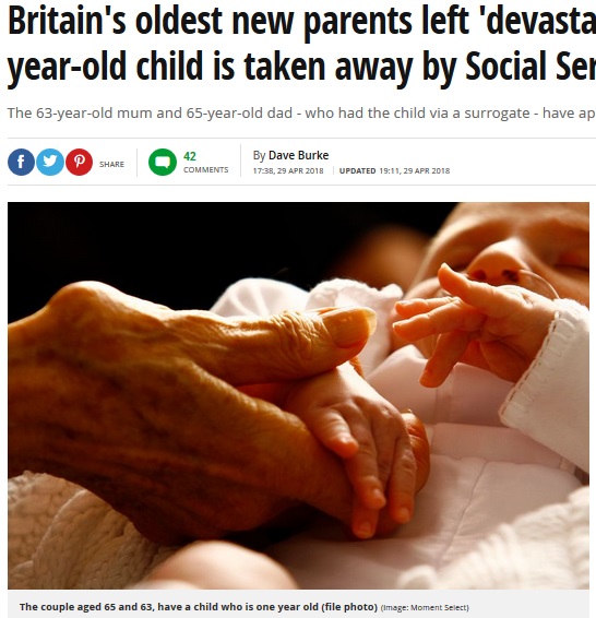 60代夫婦、代理出産で授かった1歳児を引き離されて…（画像は『Mirror 2018年4月29日付「Britain’s oldest new parents left ‘devastated’ after one-year-old child is taken away by Social Services」（Image: Moment Select）』のスクリーンショット）