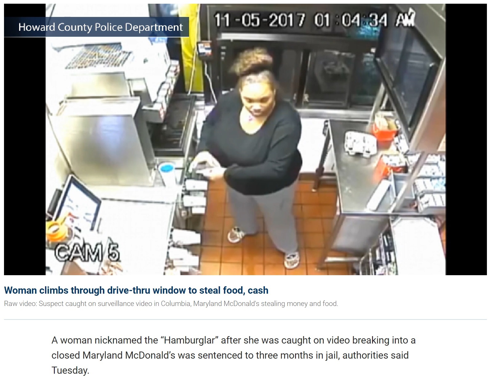 ドライブスルーの窓から侵入した女（画像は『Fox News　2018年4月3日付「‘Hamburglar’ sentenced to jail after breaking into Maryland McDonald’s」』のスクリーンショット）