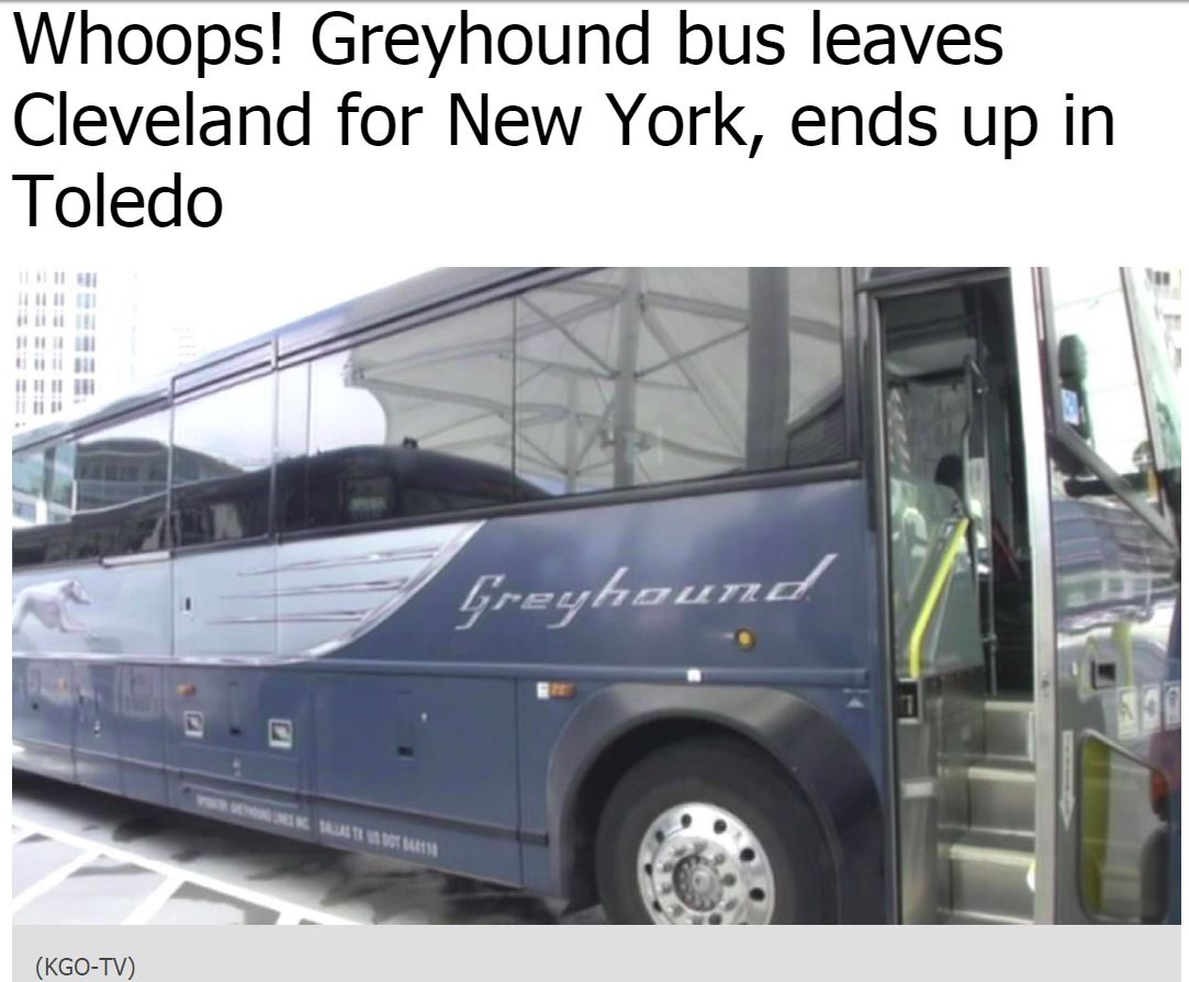 グレイハウンドバス、行き先を大幅に間違える（画像は『abc7NY　2018年4月20日付「Whoops! Greyhound bus leaves Cleveland for New York, ends up in Toledo」（KGO-TV）』のスクリーンショット）