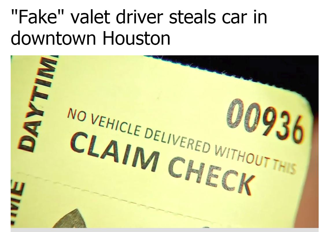 偽バレーパーキングにご注意を（画像は『abc13 News　2018年4月24日付「“Fake” valet driver steals car in downtown Houston」』のスクリーンショット）