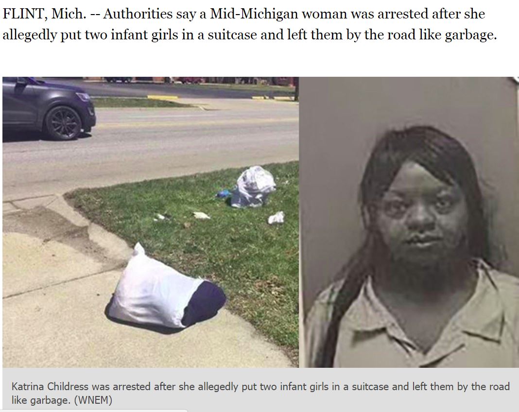 26歳鬼母、幼いわが子2人をゴミとして捨てる（画像は『abc7chicago.com　2018年4月24日付「2 infant girls left in suitcase on curb by Michigan mother, authorities say」（WNEM）』のスクリーンショット）