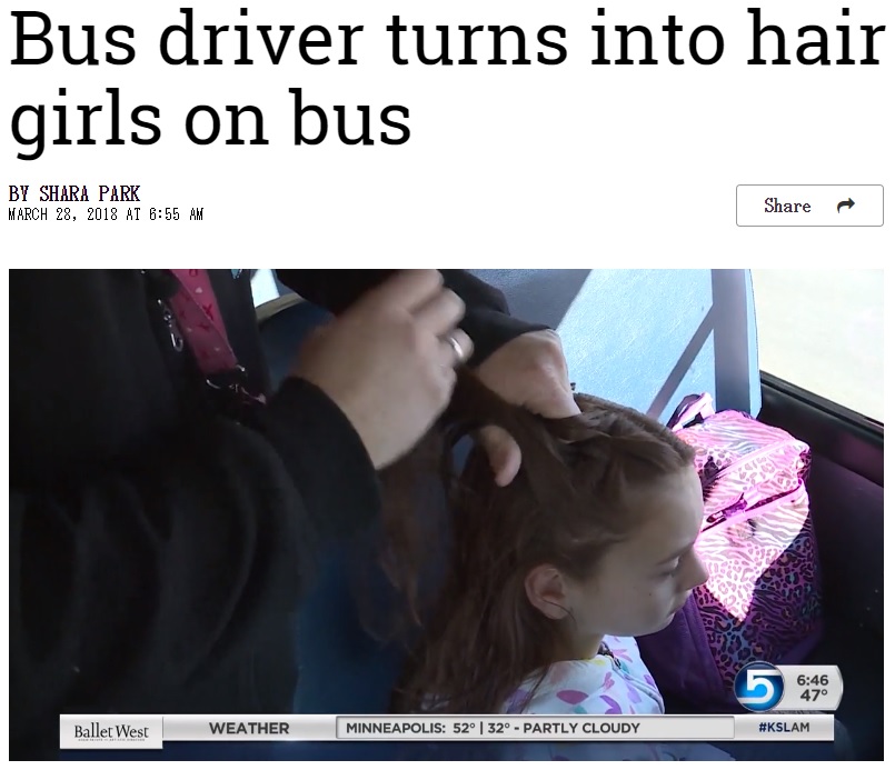 女性運転手に毎朝、髪をセットしてもらう少女（画像は『KSLTV.com　2018年3月28日付「Bus driver turns into hair dresser for girls on bus」』のスクリーンショット）