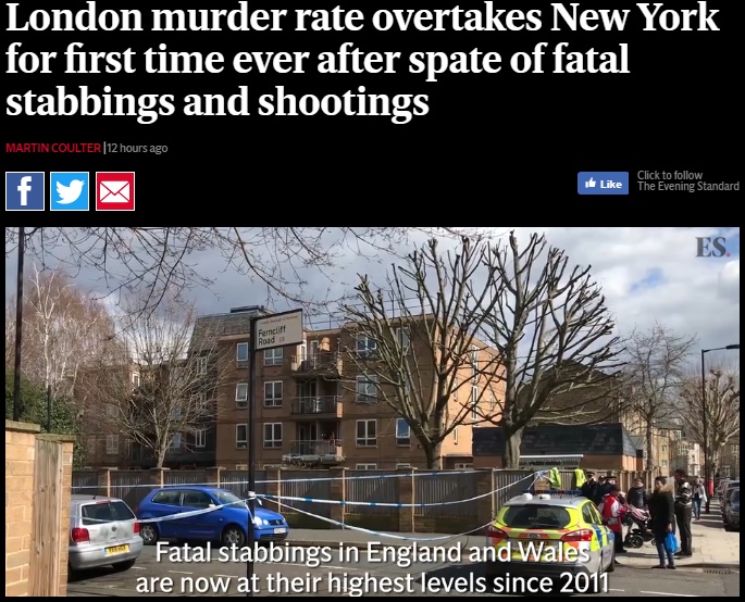 都市部では世界ワースト1、ロンドンで殺人事件が多発（画像は『London Evening Standard　2018年4月1日付「London murder rate overtakes New York for first time ever after spate of fatal stabbings and shootings」』のスクリーンショット）