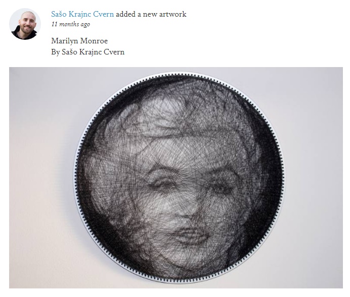 Sašo Krajncさんはセレブの肖像画を糸で作成（画像は『Saatchi Art「Marilyn Monroe By Sašo Krajnc Cvern」』のスクリーンショット