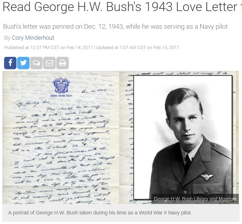 ジョージ・H・W・ブッシュ氏の妻バーバラさん他界で若き日のラブレターが話題に（画像は『NCB 5 Dallas-Fort Worth　2017年2月15日付「Read George H.W. Bush’s 1943 Love Letter to ‘My Darling Bar’」（George H.W. Bush Library and Museum）』のスクリーンショット）