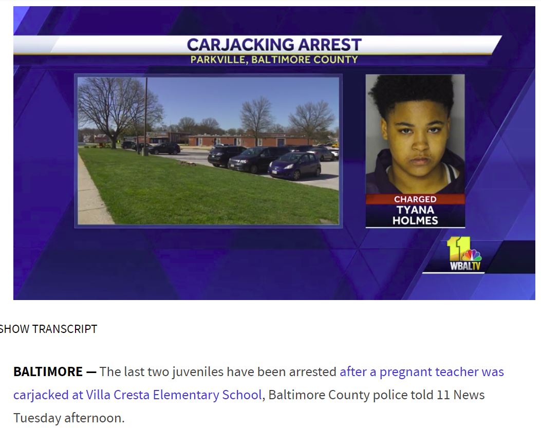 妊娠中の教師からバッグと車を奪った少女（画像は『WBAL-TV　2018年4月24日付「2 more juveniles arrested in pregnant teacher carjacking」』のスクリーンショット）