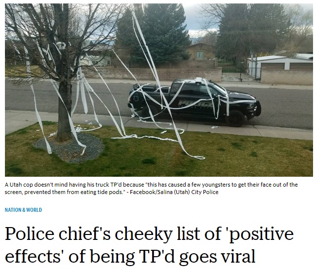 警察署長の愛車、トイレットペーパーでグルグル巻きにされる（画像は『The Kansas City Star　2018年4月9日付「Police chief’s cheeky list of ‘positive effects’ of being TP’d goes viral」（Facebook/Salina（Utah）City Police）』のスクリーンショット）