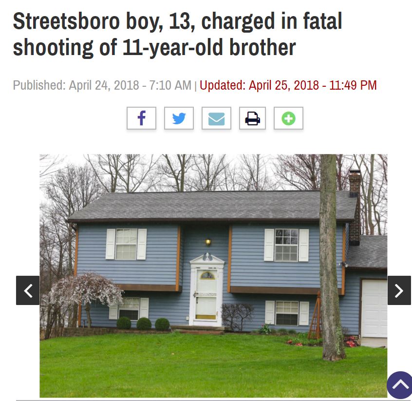 13歳兄、祖父の拳銃で弟を殺す（画像は『Akron Beacon Journal　2018年4月24日付「Streetsboro boy, 13, charged in fatal shooting of 11-year-old brother」（Phil Masturzo / Beacon Journal / Ohio.com）』のスクリーンショット）