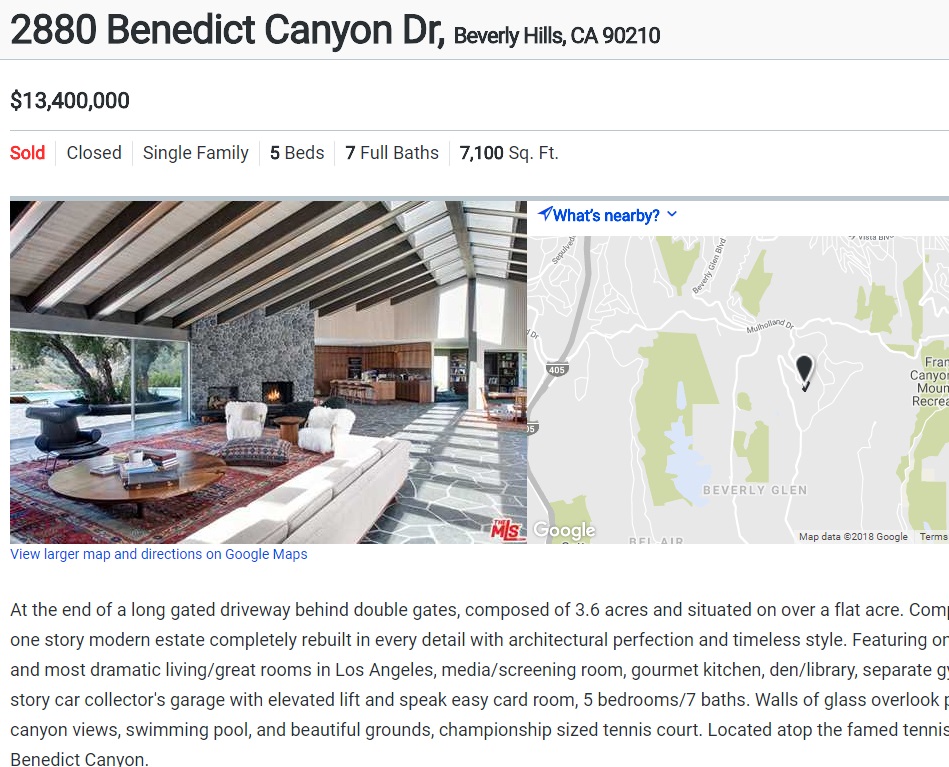 ジョン・メイヤー、ビバリーヒルズの豪邸を購入（画像は『ColdwellBankerHomes.com「2880 Benedict Canyon Dr, Beverly Hills, CA 90210」』のスクリーンショット）