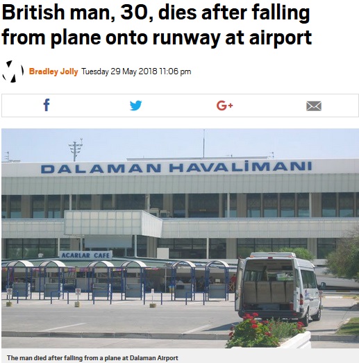英旅行者、トルコの空港で死亡（画像は『Metro　2018年5月29日付「British man, 30, dies after falling from plane onto runway at airport」』のスクリーンショット）