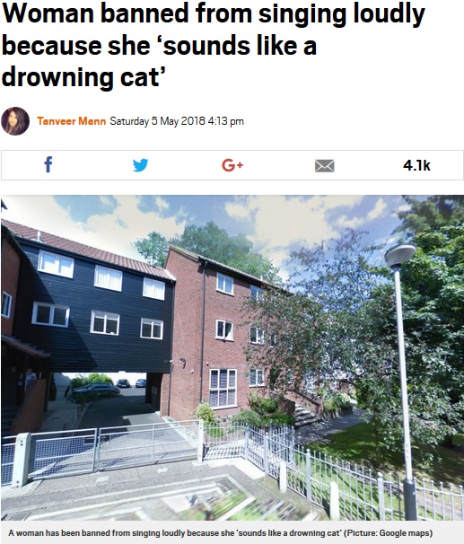 アパート住民からの苦情で、女性が自宅で歌うことを禁じられる（画像は『Metro　2018年5月5日付「Woman banned from singing loudly because she ‘sounds like a drowning cat’」（Picture: Google maps）』のスクリーンショット）