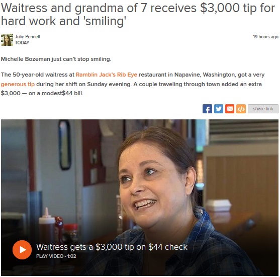 チップの額に驚いたウエイトレス（画像は『TODAY.com　2018年5月23日付「Waitress and grandma of 7 receives ＄3,000 tip for hard work and ‘smiling’」』のスクリーンショット）
