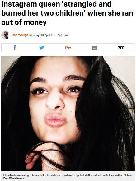 インスタグラマー、貧困を苦に我が子2人を絞殺（画像は『Metro　2018年4月30日付「Instagram queen ‘strangled and burned her two children’ when she ran out of money」（Picture: East2West News）』のスクリーンショット）