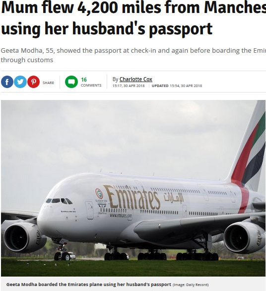 夫のパスポートで出国した女性、到着地インドで初めて気づく（画像は『Manchester Evening News　2018年4月30日付「Mum flew 4,200 miles from Manchester to India - using her husband’s passport」（Image: Daily Record）』のスクリーンショット）