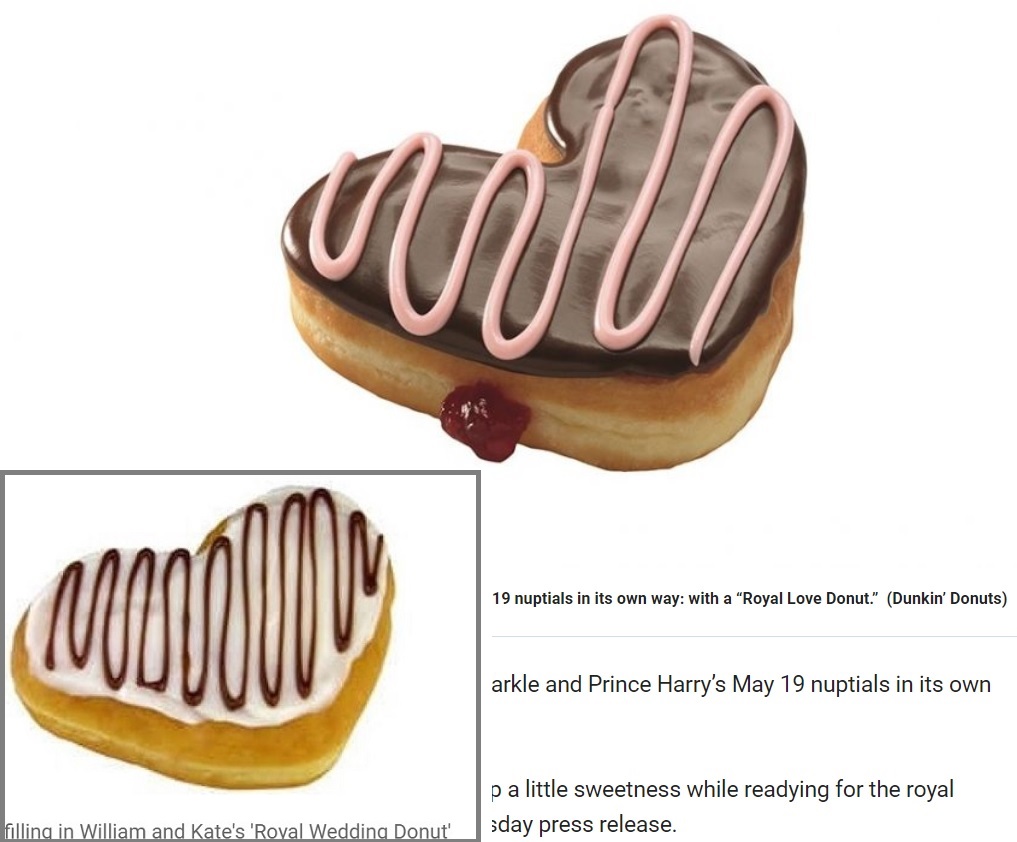 期間限定で発売される“ロイヤル・ラブ”　左下はウィリアム王子＆キャサリン妃ご成婚記念で発売されたもの（画像は『Fox News　2018年5月8日付「Dunkin’ Donuts celebrates Meghan Markle, Prince Harry’s royal wedding with ‘Royal Love Donut’」（Dunkin’ Donuts）』のスクリーンショット）