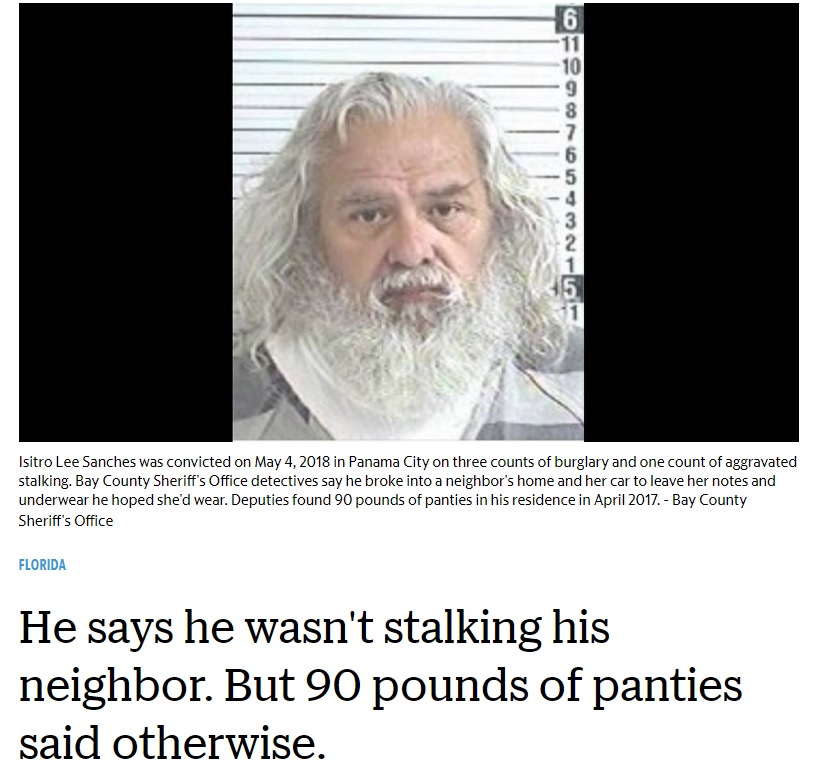 「サンタクロースおじさん」として親しまれていた下着泥棒（画像は『Miami Herald　2018年5月5日付「He says he wasn’t stalking his neighbor. But 90 pounds of panties said otherwise.」（Bay County Sheriff’s Office）』のスクリーンショット）