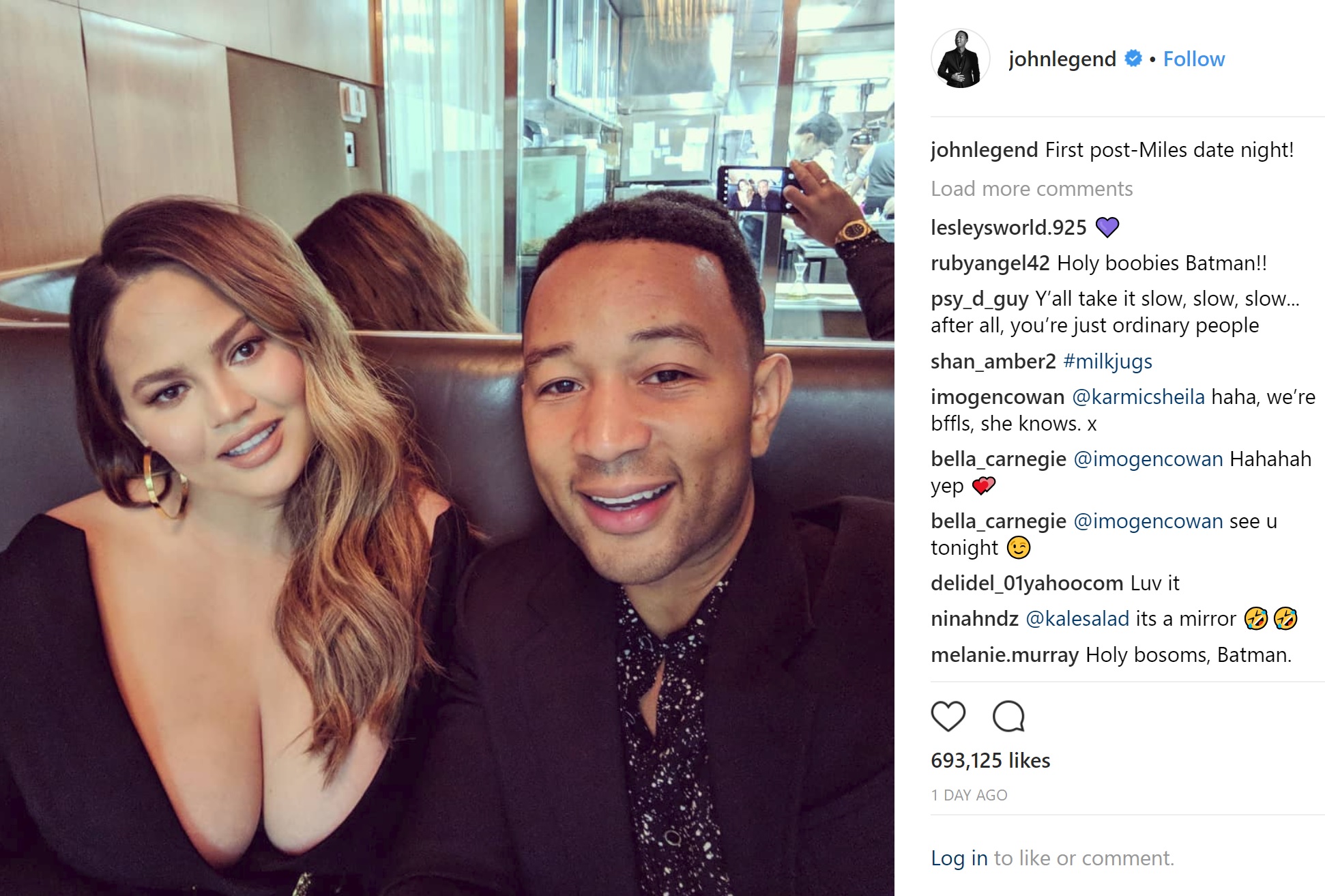 ハリウッドの人気カップル、クリッシー＆ジョン（画像は『John Legend　2018年5月28日付Instagram「First post-Miles date night!」』のスクリーンショット）