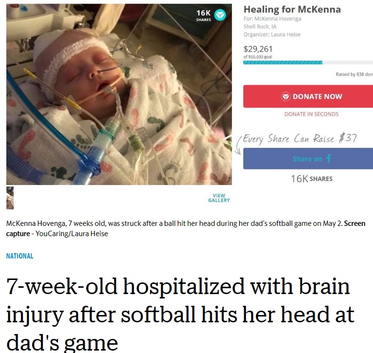 頭にソフトボールが直撃した生後7週の女の子（画像は『The Wichita Eagle　2018年5月7日付「7-week-old hospitalized with brain injury after softball hits her head at dad’s game」（YouCaring/Laura Heise）』のスクリーンショット）