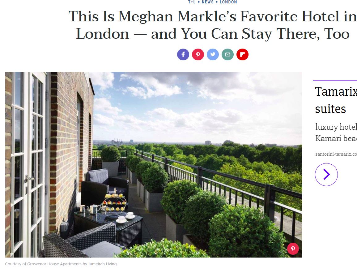 メーガン・マークルさんのお気に入りホテル（画像は『Travel ＋ Leisure　2018年4月30日付「This Is Meghan Markle’s Favorite Hotel in London ― and You Can Stay There, Too」（Courtesy of Grosvenor House Apartments by Jumeirah Living）』のスクリーンショット）