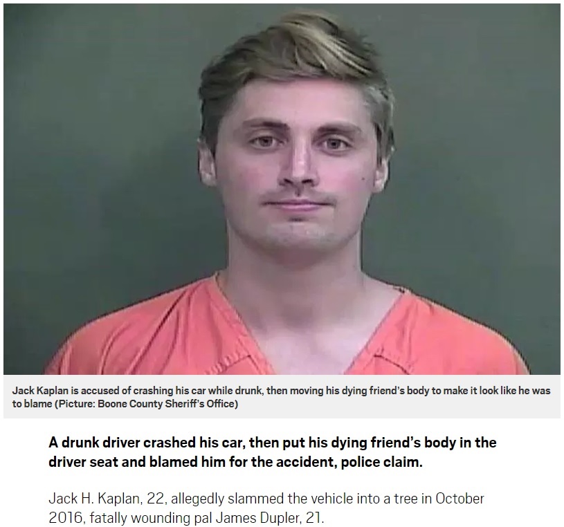男は助手席の友人を移動させて…（画像は『Metro　2018年5月18日付「Drunk driver ‘crashed car, then moved dying friends body to driver’s side to blame him’」（Picture: Boone County Sheriff’s Office）』のスクリーンショット）