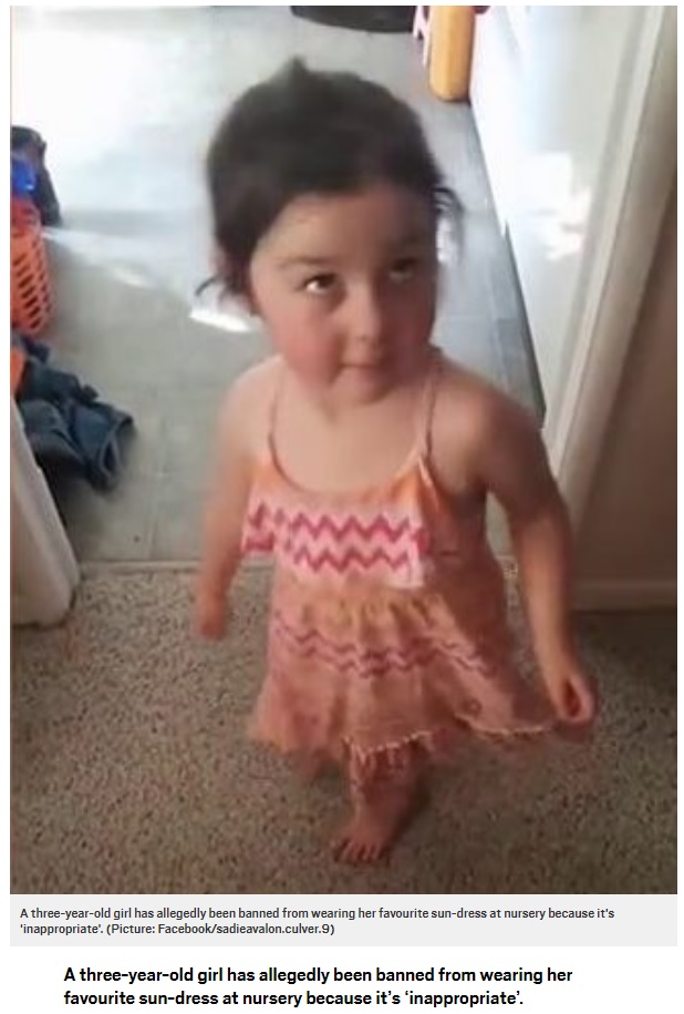 「肩紐は最低でも5センチないと…」と注意された女の子（画像は『Metro　2018年5月26日付「Nursery bans three-year-old girl from wearing her favourite sun-dress because it’s ‘inappropriate’」（Picture: Facebook/sadieavalon.culver.9）』のスクリーンショット）