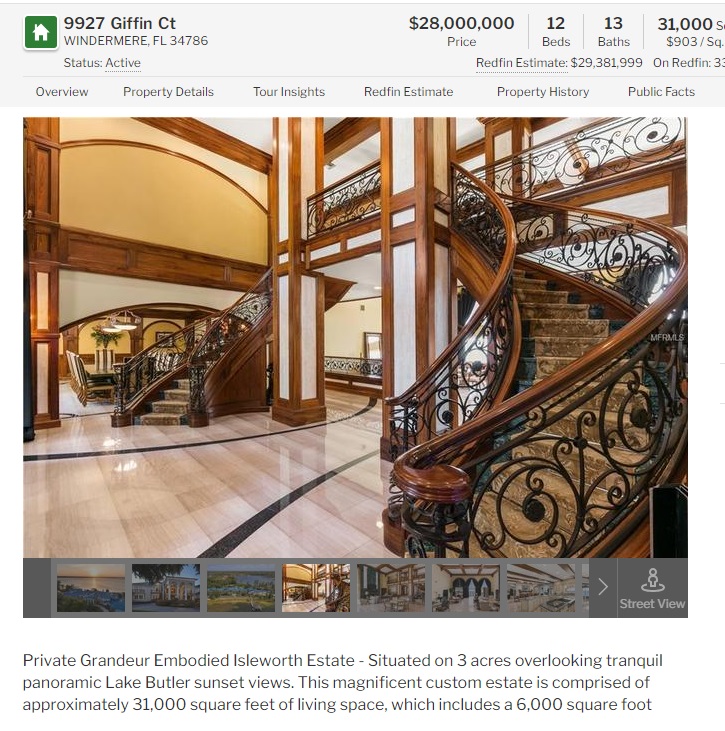 シャキール・オニール、豪邸を31億円で売りに出す（画像は『Redfin「9927 Giffin Ct WINDERMERE, FL 34786 ＄28,000,000」』のスクリーンショット）