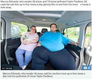 【海外発！Breaking News】総体重350キロのカップル　タクシー会社から「今後の利用はお断り」（英）
