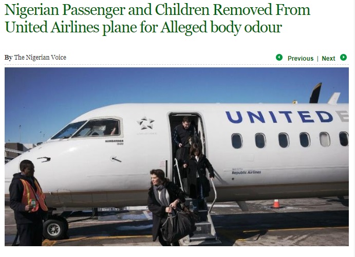 子連れのナイジェリア人女性、強制降機に激怒（画像は『The Nigerian Voice　2018年5月14日付「Nigerian Passenger and Children Removed From United Airlines plane for Alleged body odour」』のスクリーンショット）