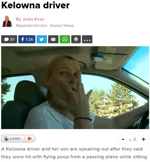 空から降って来た糞便を顔に受けてしまった女性（画像は『Global News　2018年5月28日付「‘Our car was inundated with liquid poo falling from the sky’: Kelowna driver」』のスクリーンショット）