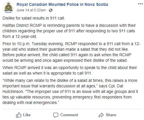 ノヴァスコシア警察の公式Faebookに投稿されたメッセージ（画像は『Royal Canadian Mounted Police in Nova Scotia　2018年6月14日付Facebook「Dislike for salad results in 911 call.」』のスクリーンショット）