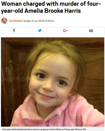 母親に火をつけられて亡くなった4歳女児（画像は『Metro　2018年6月10日付「Woman charged with murder of four-year-old Amelia Brooke Harris」（Picture: PA）』のスクリーンショット）