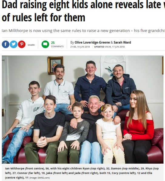 シングルファーザーのイアンさん（写真中央）と8人の子供たち（画像は『Mirror　2018年6月17日付「Dad raising eight kids alone reveals late wife’s 15-point list of rules left for them」（Image: SWNS.com）』のスクリーンショット）