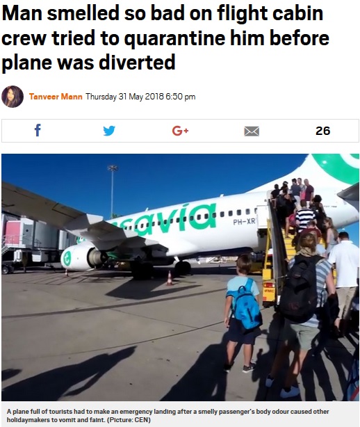 オランダからスペインへ向かう機内で男性乗客が異臭を放つ（画像は『Metro　2018年5月31日付「Man smelled so bad on flight cabin crew tried to quarantine him before plane was diverted」（Picture: CEN）』のスクリーンショット）