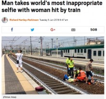 【海外発！Breaking News】電車事故に遭った女性を背景に自撮りした男に非難殺到（伊）