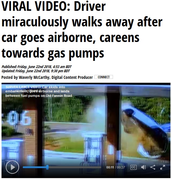 飲酒運転の車がガソリンスタンドに激突（画像は『WTOL.com　2018年6月22日付「VIRAL VIDEO: Driver miraculously walks away after car goes airborne, careens towards gas pumps」』のスクリーンショット）