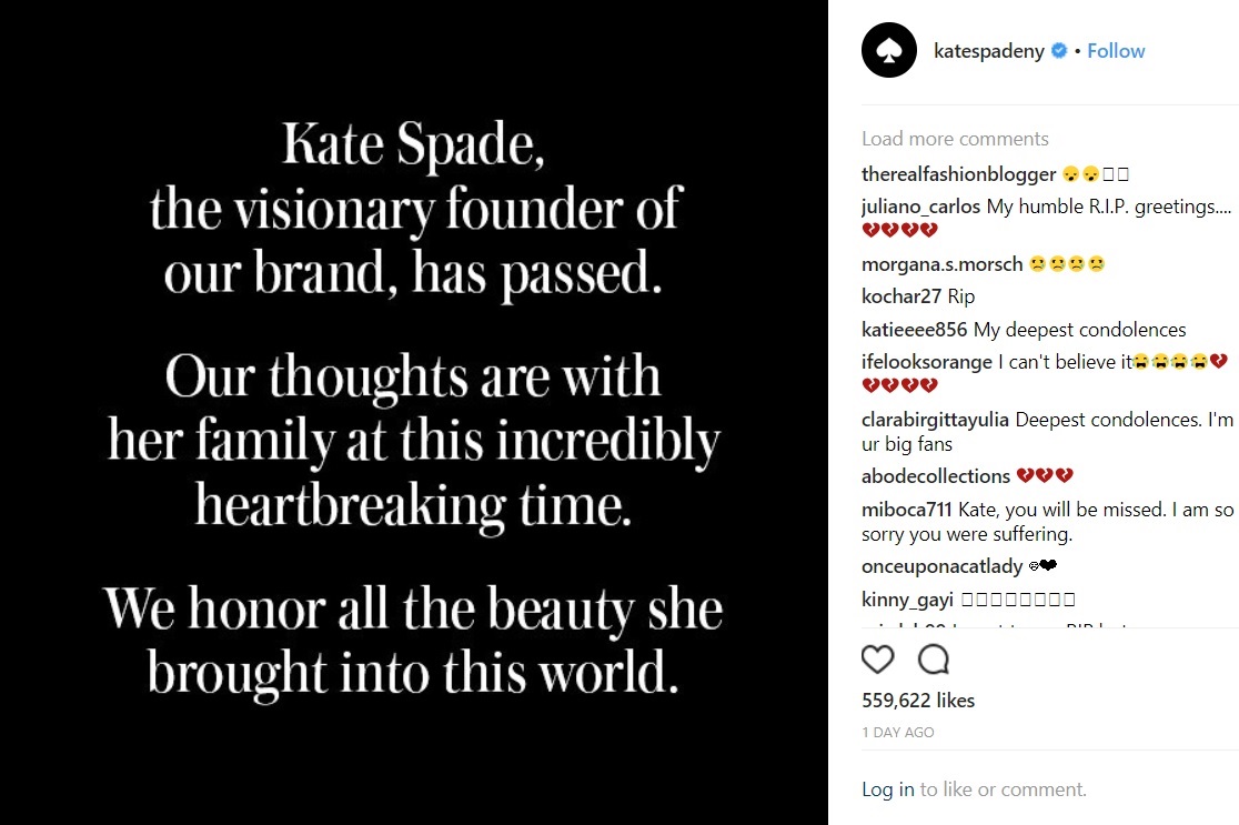 ケイト・スペードさんの死を受け「ケイト・スペード ニューヨーク」が声明を発表（画像は『kate spade new york　2018年6月5日付Instagram』のスクリーンショット）