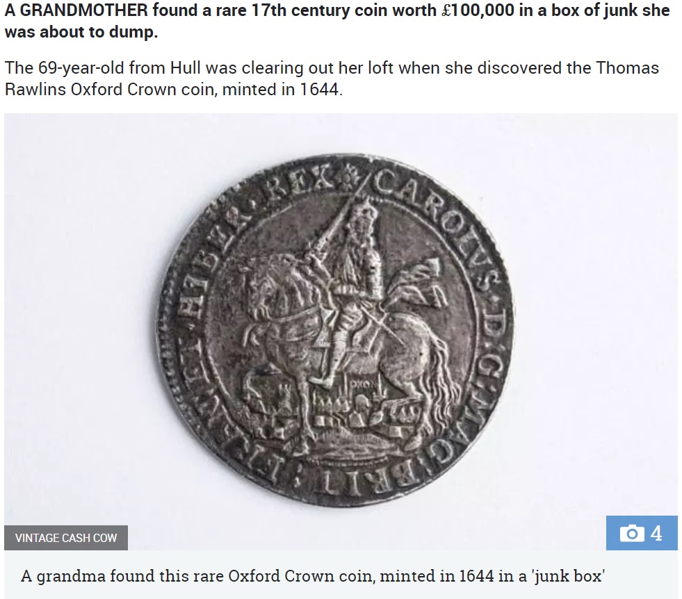 ガラクタ箱の中に1644年鋳造の硬貨が！（画像は『The Sun　2018年6月13日付「COINING IT IN Gran finds rare 17th century coin worth ￡100,000 in ‘junk box’ she was about to dump」（IMAGE: VINTAGE CASH COW）』のスクリーンショット）