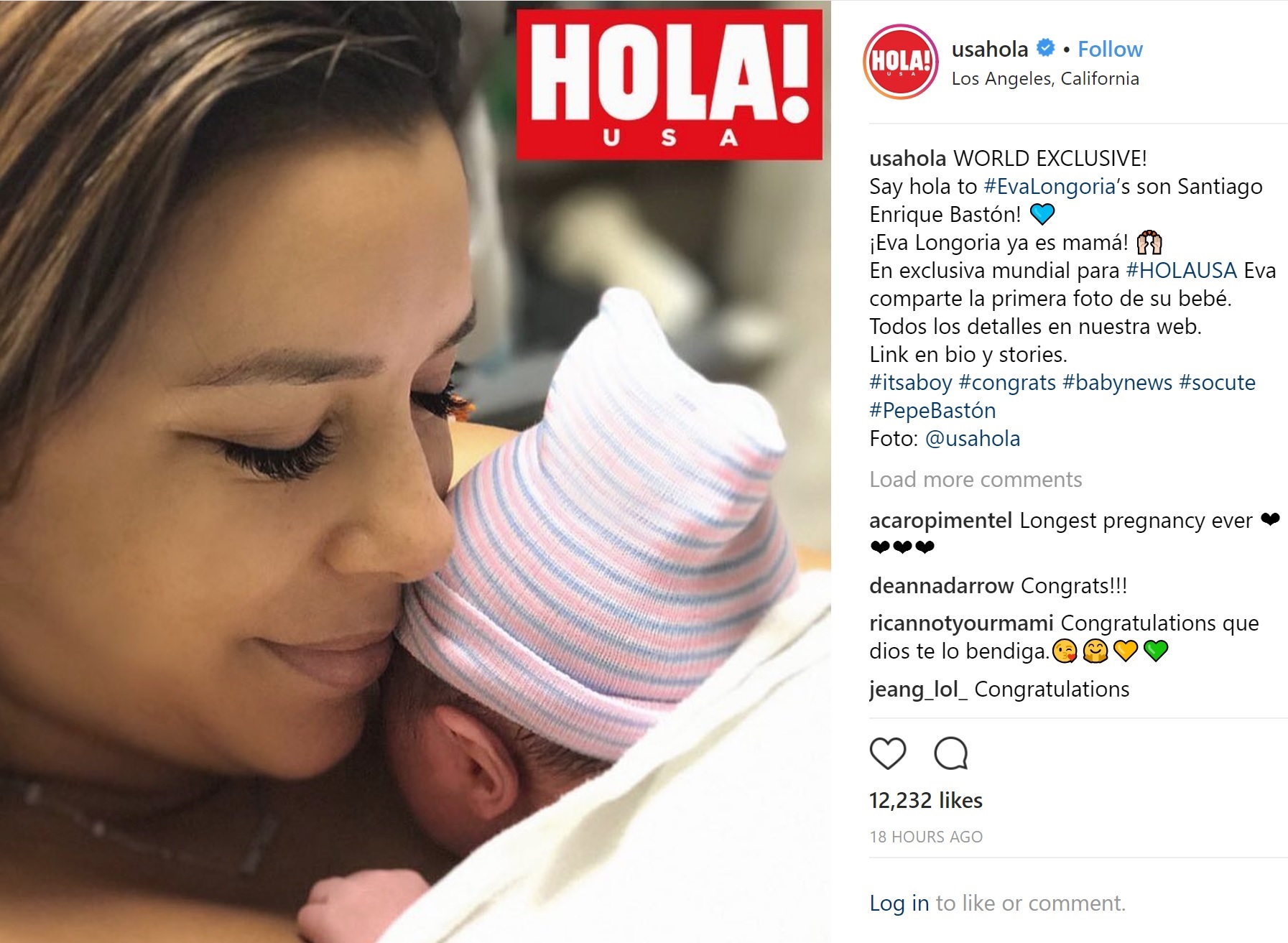 『デス妻』のギャビーが43歳でママに！（画像は『HOLA! USA　2018年6月19日付Instagram「WORLD EXCLUSIVE! Say hola to ＃EvaLongoria’s son Santiago Enrique Bastón!」』のスクリーンショット）