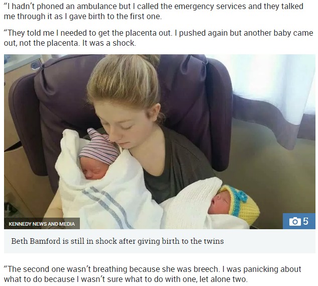 双子を宿していたことに出産まで気付かなかった女性（画像は『The Sun　2018年7月12日付「NUMBER TWOS Young mum woke up thinking she needed toilet… only to find she was giving birth to twins」（IMAGE: KENNEDY NEWS AND MEDIA）』のスクリーンショット）