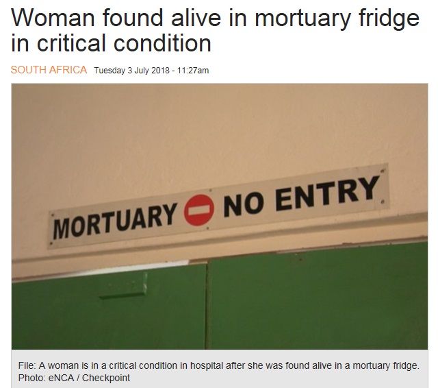 女性が奇跡的に一命を取り留める（画像は『eNCA　2018年7月3日付「Woman found alive in mortuary fridge in critical condition」（Photo: eNCA / Checkpoint）』のスクリーンショット）