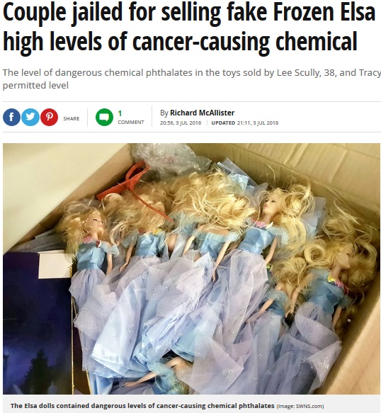 がんを引き起こす化学物質が含まれたエルサ人形のコピー品（画像は『Mirror　2018年7月3日付「Couple jailed for selling fake Frozen Elsa dolls containing high levels of cancer-causing chemical」（Image: SWNS.com）』のスクリーンショット）