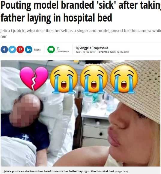 父の遺体が写った写真をSNSに投稿したモデル（画像は『Mirror　2018年7月19日付「Pouting model branded ‘sick’ after taking selfie with dead father laying in hospital bed」（Image: CEN）』のスクリーンショット）