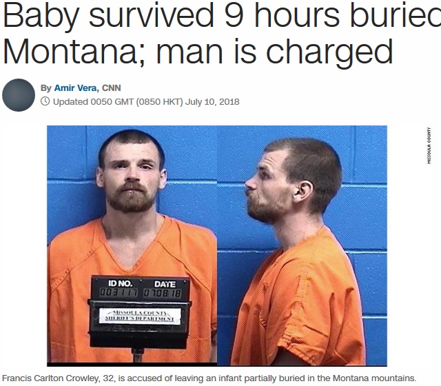 山の中に生後5か月の男児を遺棄した男（画像は『CNN　2018年7月10日付「Baby survived 9 hours buried in Montana; man is charged」』のスクリーンショット）