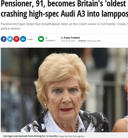 91歳の女、国内最高齢の飲酒運転者か（画像は『Mirror　2018年7月9日付「Pensioner, 91, becomes Britain’s ‘oldest drink driver’ after crashing high-spec Audi A3 into lamppost」（Image: Eastnews Press Agency）』のスクリーンショット）