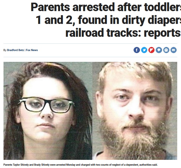 1歳児と2歳児を育児放棄した両親（画像は『Fox News　2018年7月18日付「Parents arrested after toddlers, ages 1 and 2, found in dirty diapers near railroad tracks: reports」』のスクリーンショット）