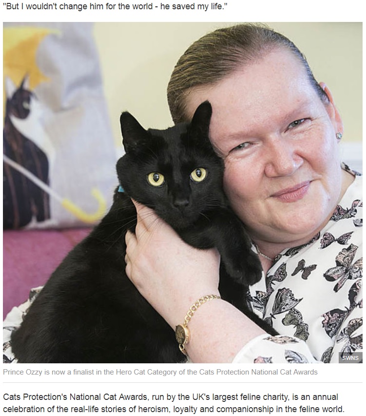 飼い猫に命を救われた女性（画像は『Express.co.uk　2018年6月29日付「Hero cat saves life of owner after waking her up when fire broke out at block of flats」（SWNS）』のスクリーンショット）