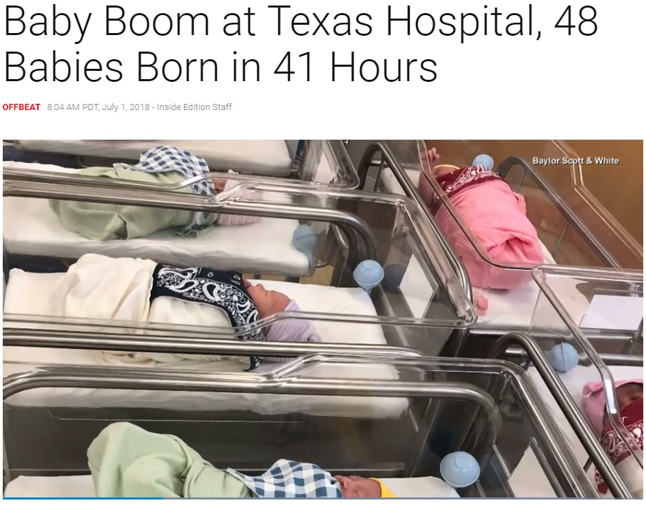 米テキサス州の病院で41時間以内に48人の新生児誕生（画像は『Inside Edition　2018年7月1日付「Baby Boom at Texas Hospital, 48 Babies Born in 41 Hours」』のスクリーンショット）