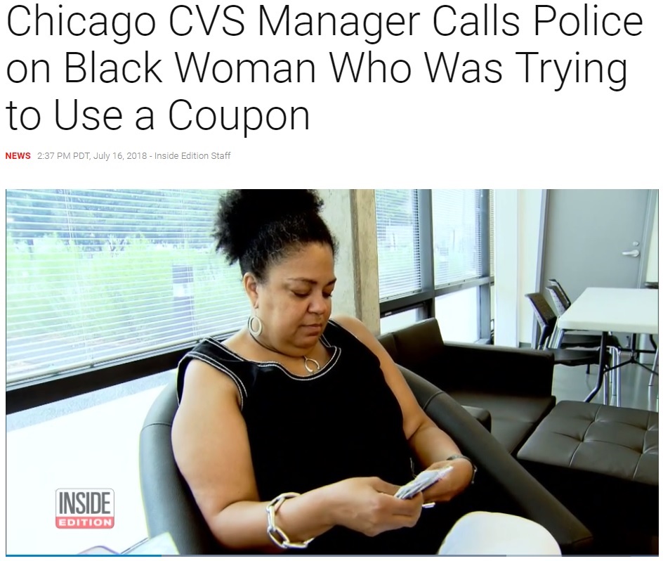 クーポンを使おうとして通報されてしまった黒人女性（画像は『Inside Edition　2018年7月16日付「Chicago CVS Manager Calls Police on Black Woman Who Was Trying to Use a Coupon」』のスクリーンショット）