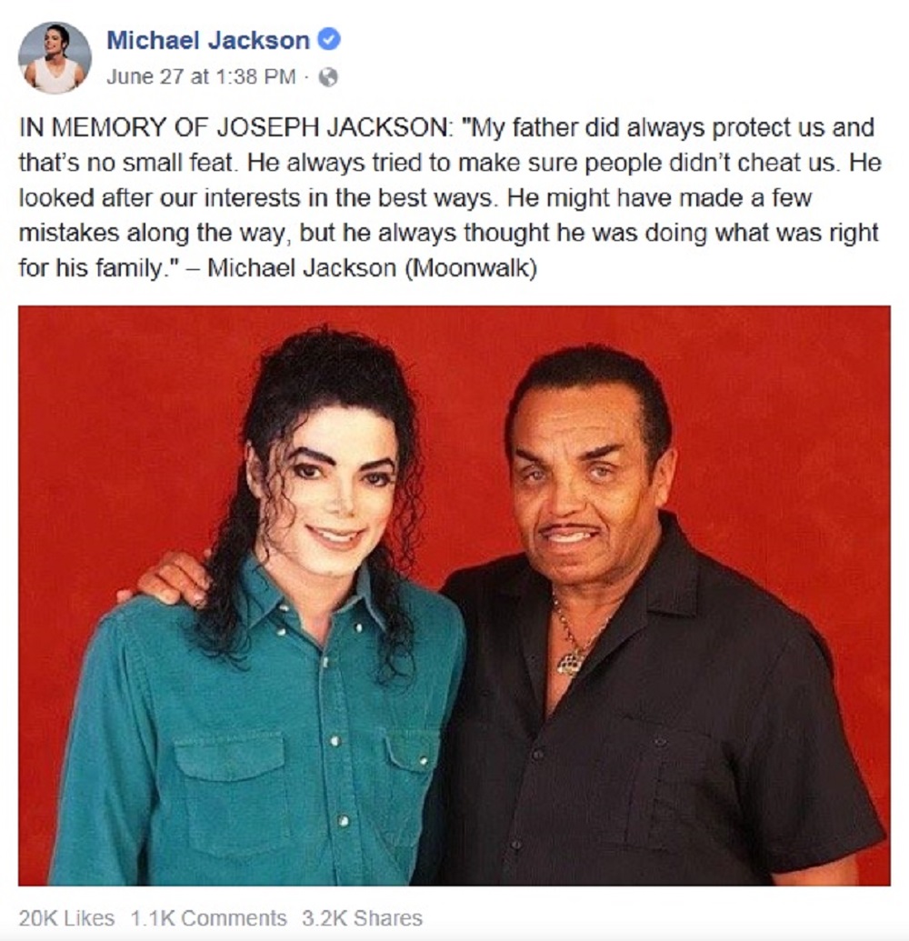 ジョーさん、マイケルが眠る墓地へ（画像は『Michael Jackson　2018年6月27日付Facebook「IN MEMORY OF JOSEPH JACKSON」』のスクリーンショット）